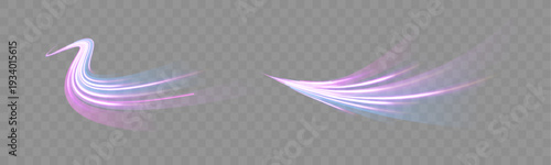 Blue luminous stripes curve along a digital expressway. Motion blur enhances the feeling of rapid transit at night. Modern tech background in transparent PNG format.