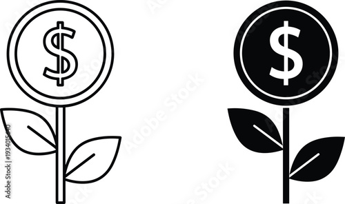 Two Dollar Sign Coin Flowers One Outline One Solid Black money finance