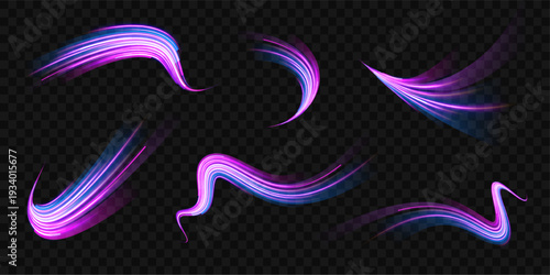 Neon pink and violet acceleration beams radiate forward. Light stripes form a tunnel of speed and technology. Futuristic abstract illustration isolated on clear background.