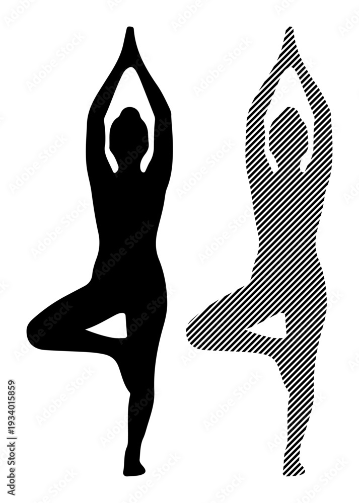 Fototapeta premium Two figures practicing tree pose, one solid silhouette and one with diagonal lines, symbolizing balance and yoga.