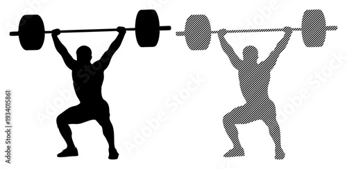 Silhouette of weightlifter lifting barbell overhead in dynamic squatting pose