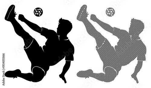 Dynamic silhouette of a soccer player performing a bicycle kick with a ball in mid-air.
