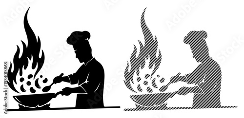 Chef skillfully cooks with fire in a wok, creating a delicious meal.
