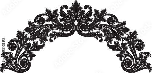 Elegant black floral filigree arch design element isolated white