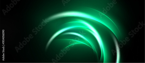 Abstract green curves radiate from center. Dark background emphasizes glowing lines, creating dynamic visual effect. Smooth gradients present energy.