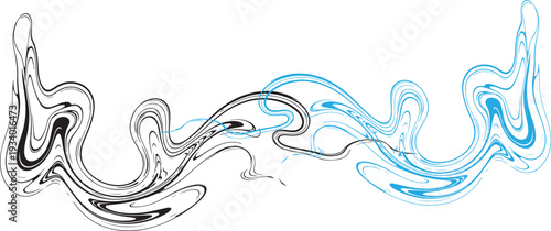 Abstract art design with swirling black and blue lines on white background
