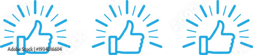 Three teal colored thumbs up icons with radiating lines on a white background