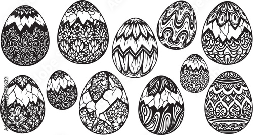 Collection of decorated Easter eggs with intricate patterns designs