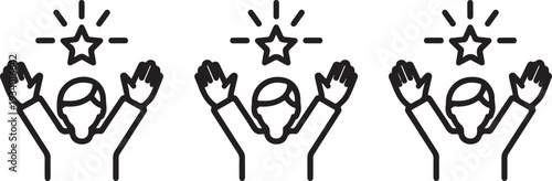 Three raised hands with stars shining above them in a celebratory gesture