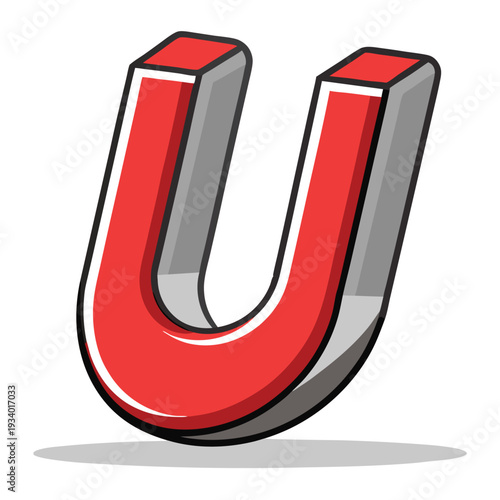 Red three dimensional letter u magnet icon isolated on white background with soft shadow