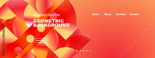 Vibrant abstract geometric design. Red, orange hues dominate website header section. Includes navigation menu, button, dots.