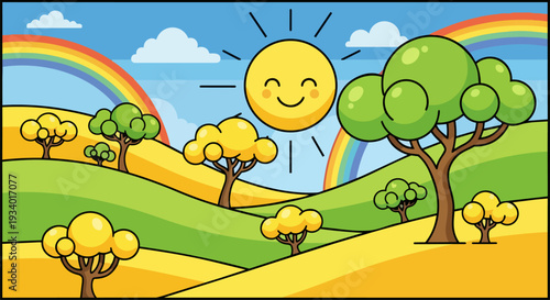 A vibrant cartoon landscape with a smiling sun, trees, and rainbows in a serene environment from an aerial viewpoint