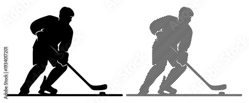 Dynamic silhouette of a hockey player in motion with a puck