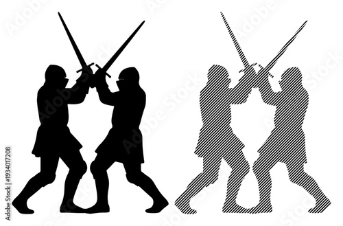 Two medieval warriors in silhouette dueling with swords, one black, one gray.