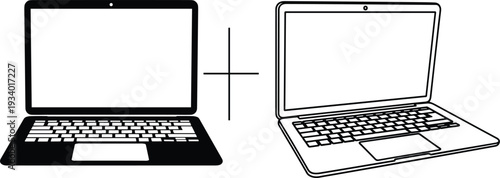Two Laptops One Silhouette One Outline With White Screens And Keyboards Keywords: laptop, computer, technology, device, portable