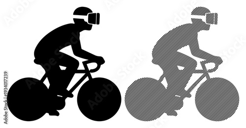 Cyclist wearing virtual reality headset experiences immersive digital ride