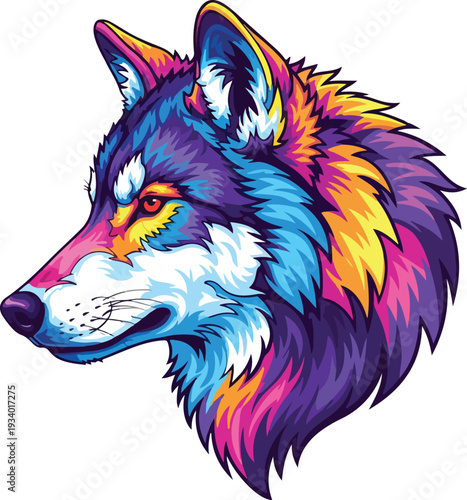 Vibrant pop art wolf head illustration with multicolored fur patterns and intense gaze for creative projects.
