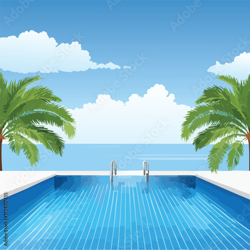 Swimming pool view with palm trees and a sunny seascape