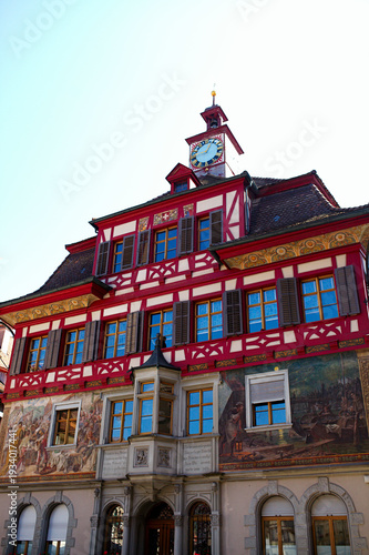 Stein am Rhein, Switzerland – September 11, 2023: Famous painted facades in the historic center