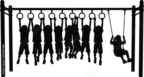 Children Playing on Monkey Bars and Swing Silhouette Isolated on White Background, Kids Playground Activity Set for Outdoor Recreation and Childhood Fun Concepts
