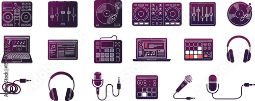 Professional DJ Equipment and Music Production Icon Set with Turntables, Headphones, Microphones, Mixers, and Laptop in Flat Line Art Style