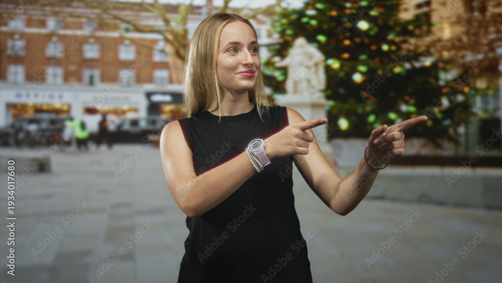 Fototapeta premium Woman points finger to the right on a city street beside a decorated christmas tree and stone statue; cheerful holiday spirit.