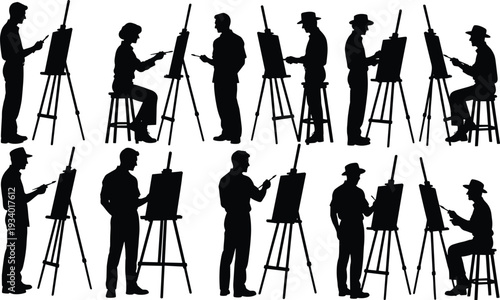 Artist painting silhouette bundle, painters working on easel canvas black vector illustration isolated on white background