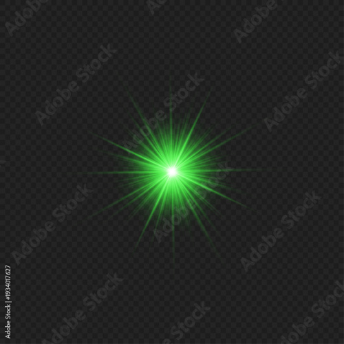 Green glowing flash with dynamic rays. Isolated PNG on clear background. Bright energy flare accent for vibrant visual projects.