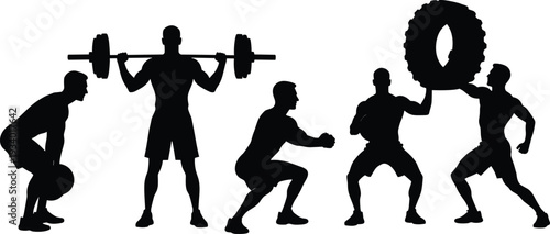 Athletic men workout silhouette set, weightlifting squat tire training bodybuilding fitness black vector illustration isolated on white background