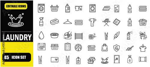 Laundry Outline Icon Set, Washing, Drying, Ironing, Clothes Care, Household Chores, Fabric Care, Linear Editable Stroke Vector Illustration