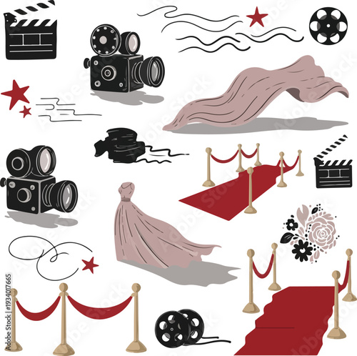 Red Carpet Event and Film Premiere Elements Set with Vintage Camera, Clapperboard, Elegant Dress, and Movie Reels in Hand-Drawn Illustration Style