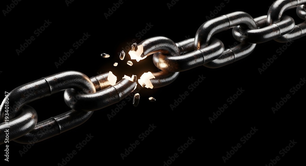 Fototapeta premium Broken metal chain link, industrial, strength, resilience, breaking free, powerful