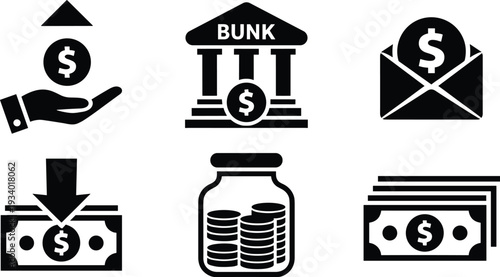 Banking and money transaction icons set, cash deposit, savings jar, financial payment, dollar currency vector illustration