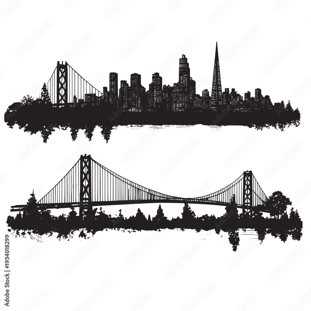 Obraz premium Golden Gate Bridge San Francisco – Black and White Vector Line Art Illustration
