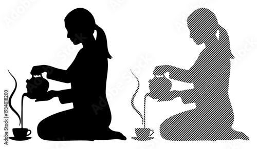 Woman in silhouette pouring tea from a teapot into a cup, creating a relaxing ritual