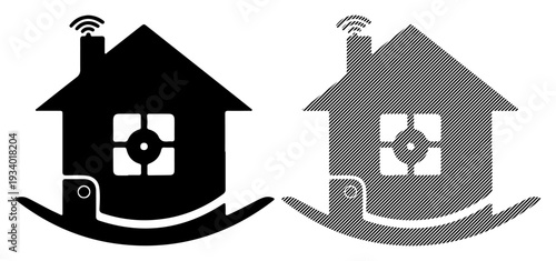Smart home security system represented by a stylized house with Wi-Fi signal