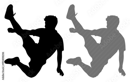 Dynamic silhouette of a soccer player performing an aerial kick, capturing athletic action and movement.