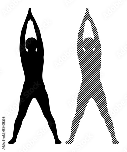 Silhouettes of a person in a yoga pose, one solid and one patterned, against a white background.