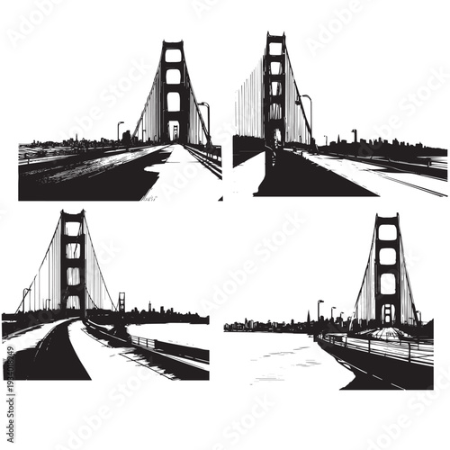 Golden Gate Bridge San Francisco – Black and White Vector Line Art Illustration