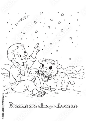 coloring book grandpa stargazing with a calf while sharing quiet dreams beneath the night sky