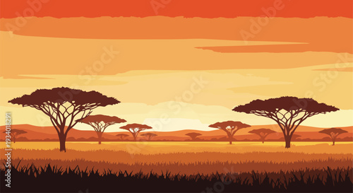 Serene savannah landscape at sunset with trees and grasslands viewed from a distance