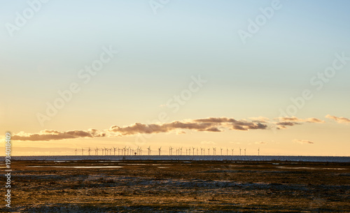 Golden hour coastal wind farm symbolizing clean electricity, renewable energy and the global shift toward sustainable wind power and transition to a green, eco-friendly future. Malmo, Sweden