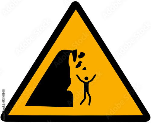 Yellow triangular warning sign showing a black cliff with rocks falling toward a stick figure. Symbolizes rockfall hazard, unstable cliffs, danger zones, outdoor safety, risk and urgent caution