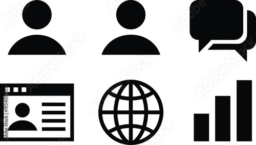 Business communication icons set, user profile symbols, chat message bubble, web interface elements, analytics graph vector illustration