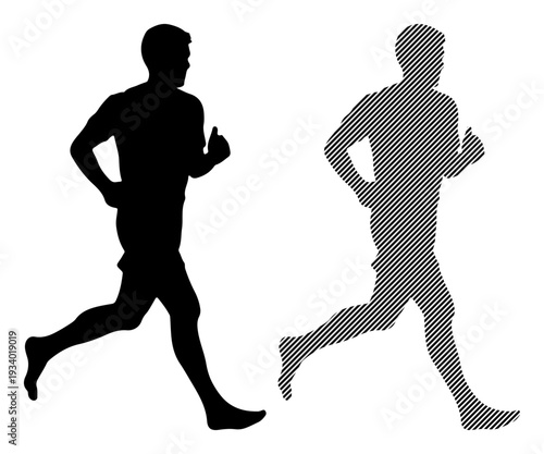 Dynamic silhouette of a male runner in motion, one solid, one patterned