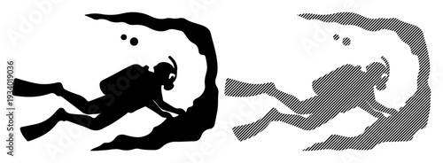 Silhouette of a diver exploring underwater with bubbles and wavy water texture