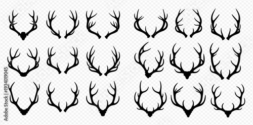 Set of various deer antlers silhouettes on transparent background, vector illustration of animal horns.