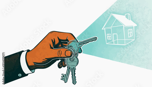 Hand holding house keys with modern home outline