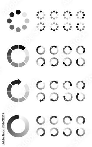 Minimalist mega collection of various circular loading buffering icon sets for digital UI UX interface design.