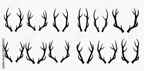 Set of black deer antlers silhouettes, various shapes of deer horns on transparent background.